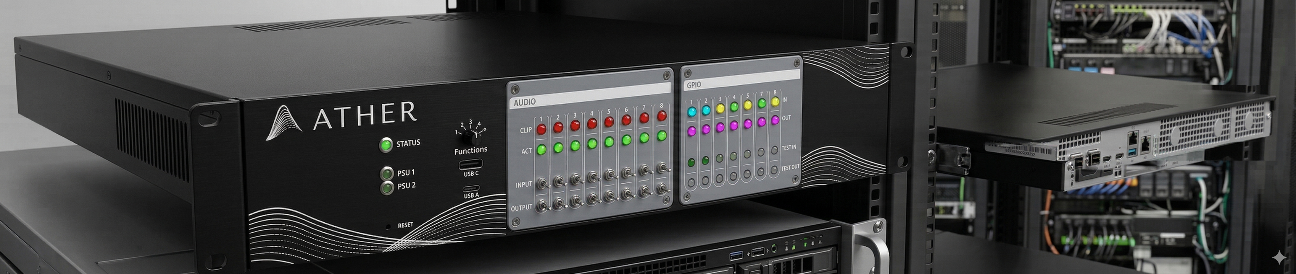 Archer 8x8 rack-mount unit - front panel with AUDIO and GPIO sections, status LEDs, and USB